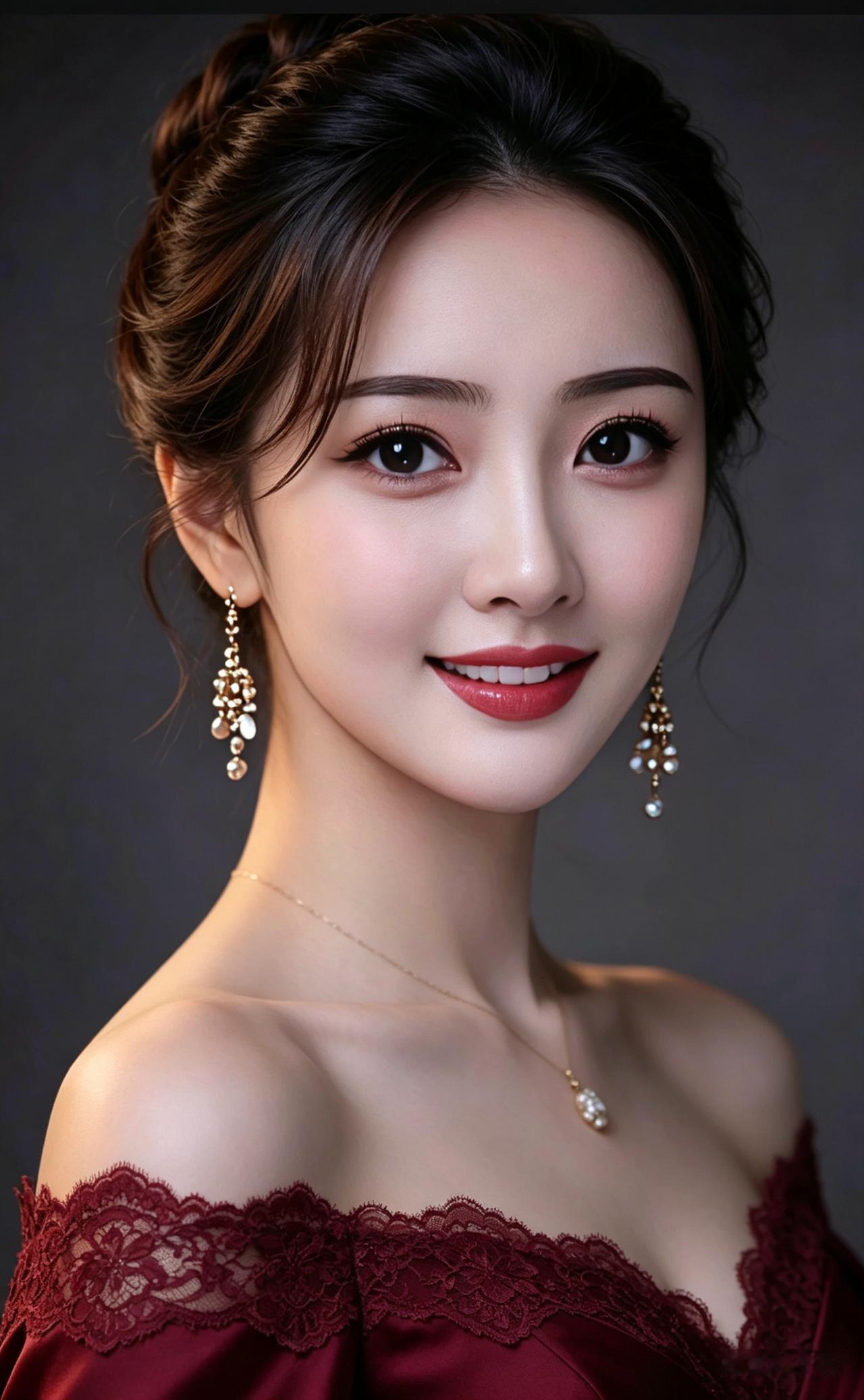 绝色美人身着复古酒红色露肩晚礼裙，精致蕾丝点缀裙摆，干练高盘发搭配柔婉碎发修饰，