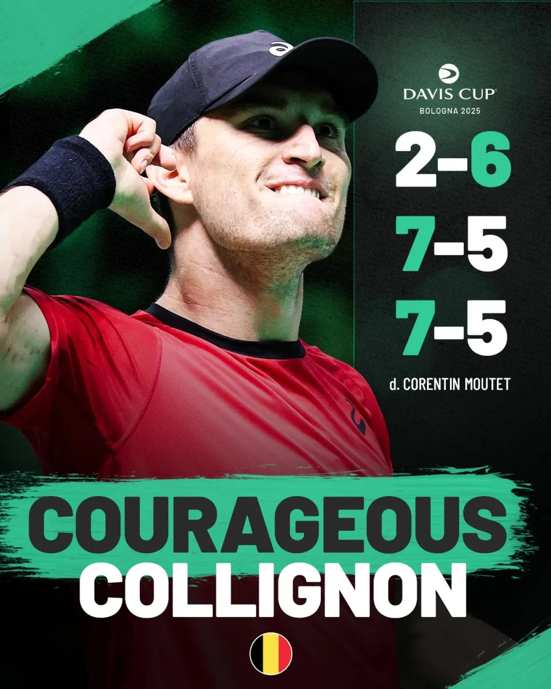 比利时击败法国晋级 决赛圈四强🇧🇪具体比分：科利尼翁 2-6 7-5 7-5