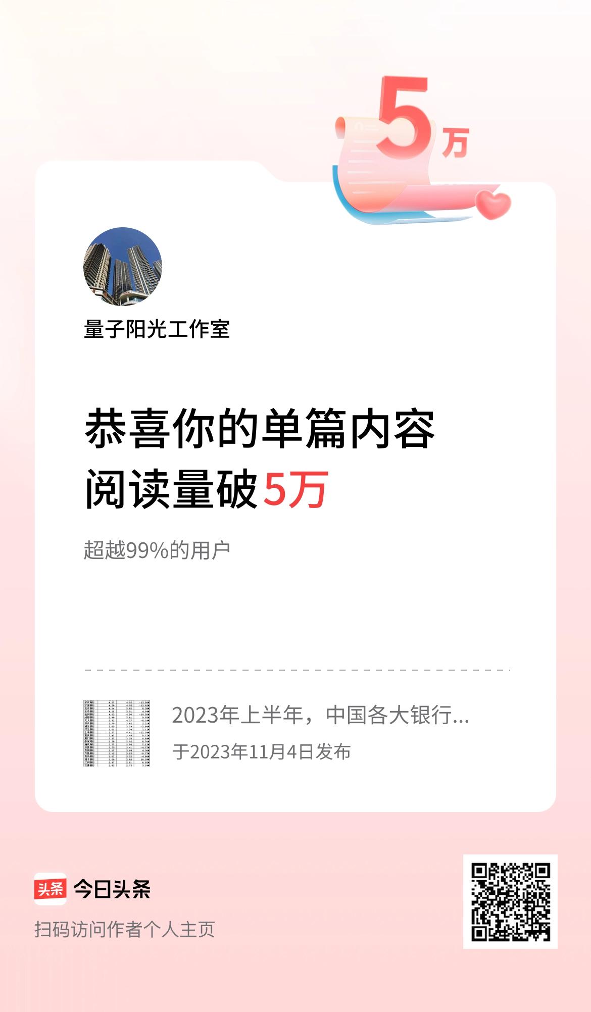 单篇内容获得阅读量破5万啦！