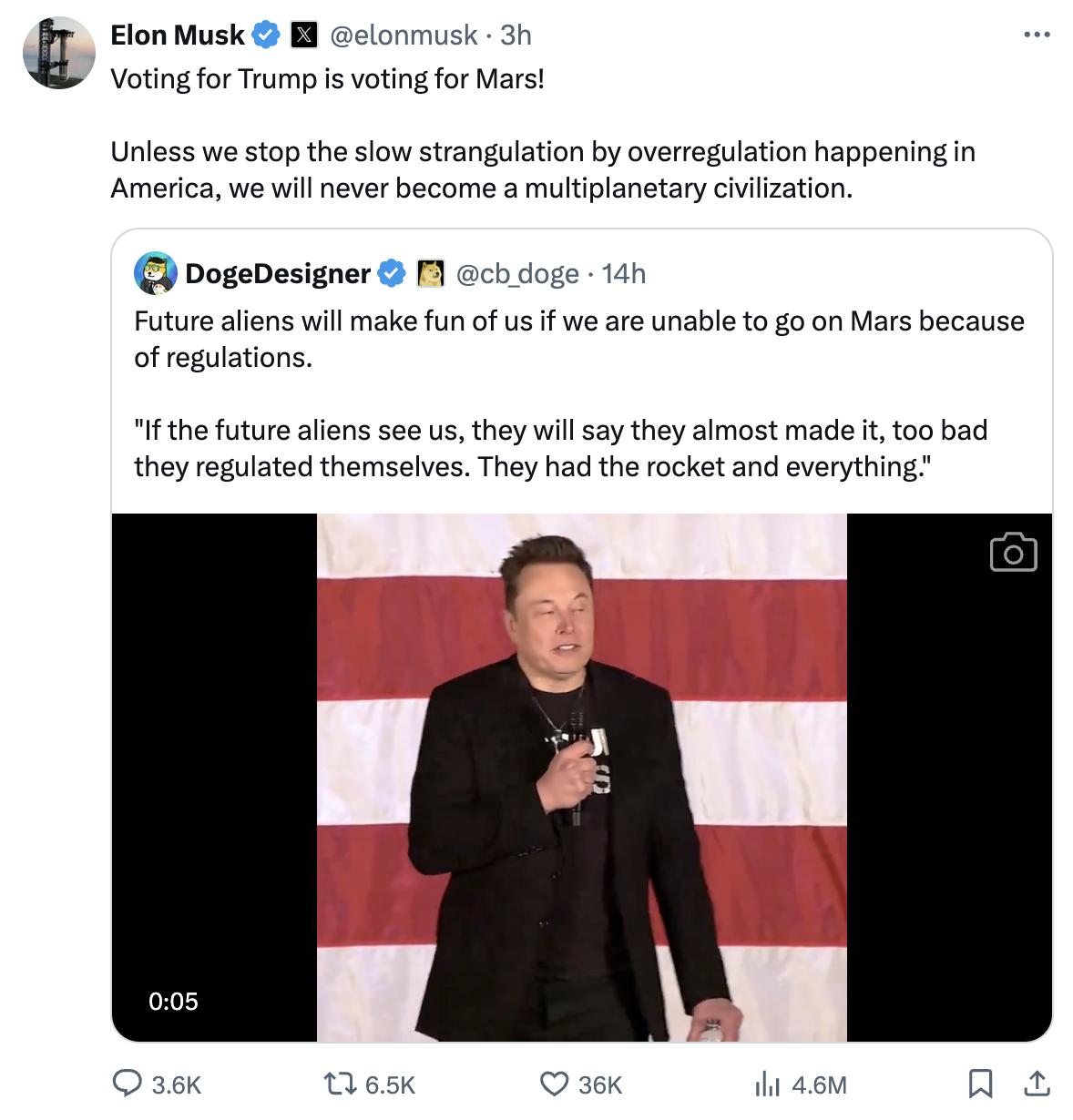 埃隆·马斯克在推特上表示，“投票给特朗普就是投票支持去火星！”他强调，除非美国能