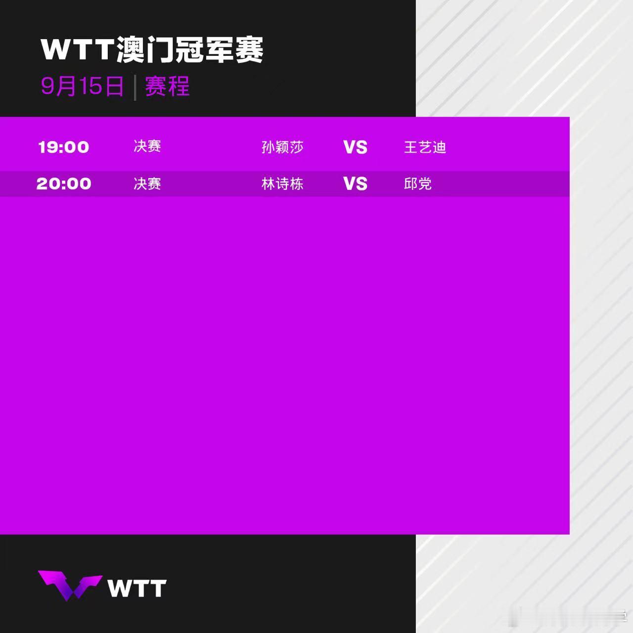 #wtt澳门冠军赛2024# 9月15日赛程：19:00 孙颖莎vs王艺迪20: