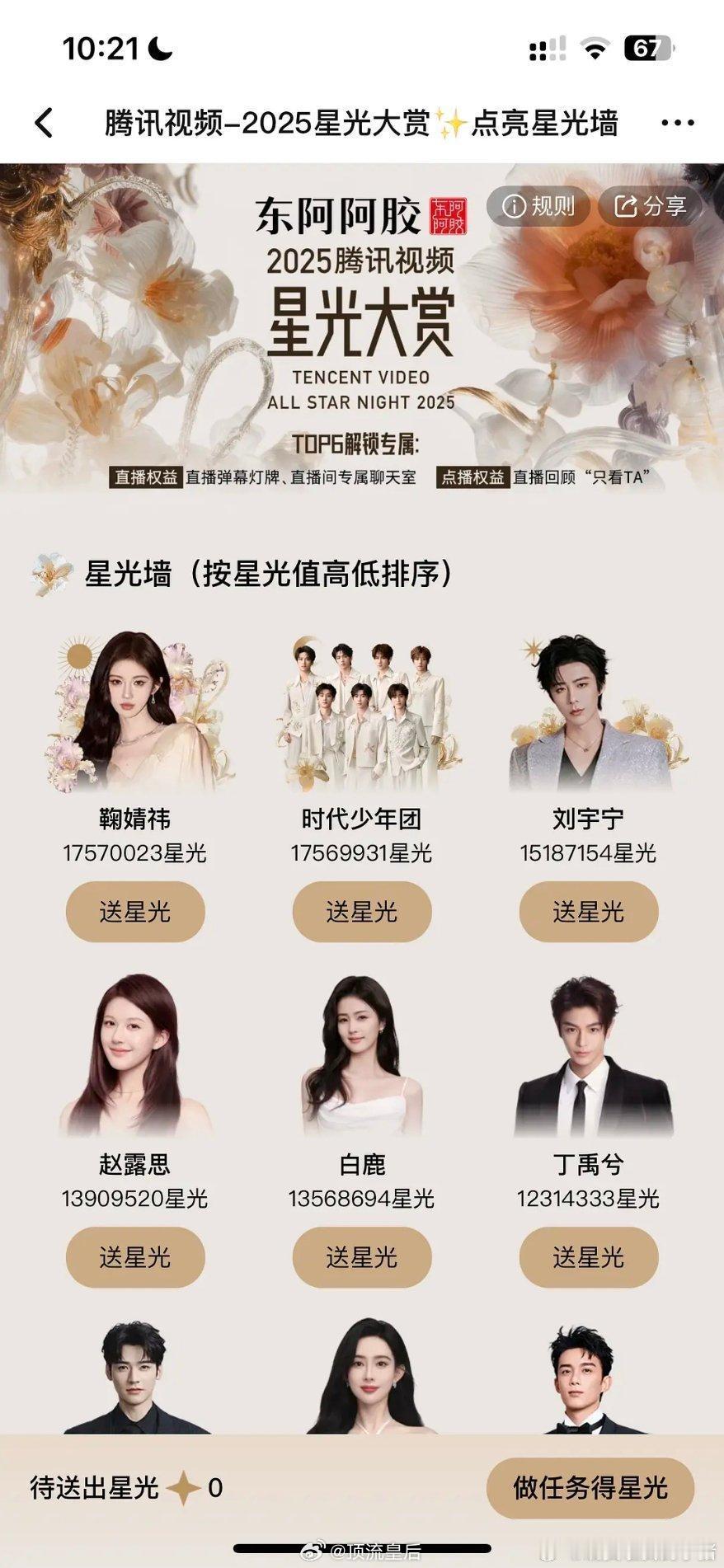 恭喜鞠婧祎腾讯视频星光大赏星光墙星光值登顶第一，是新女顶没错了。