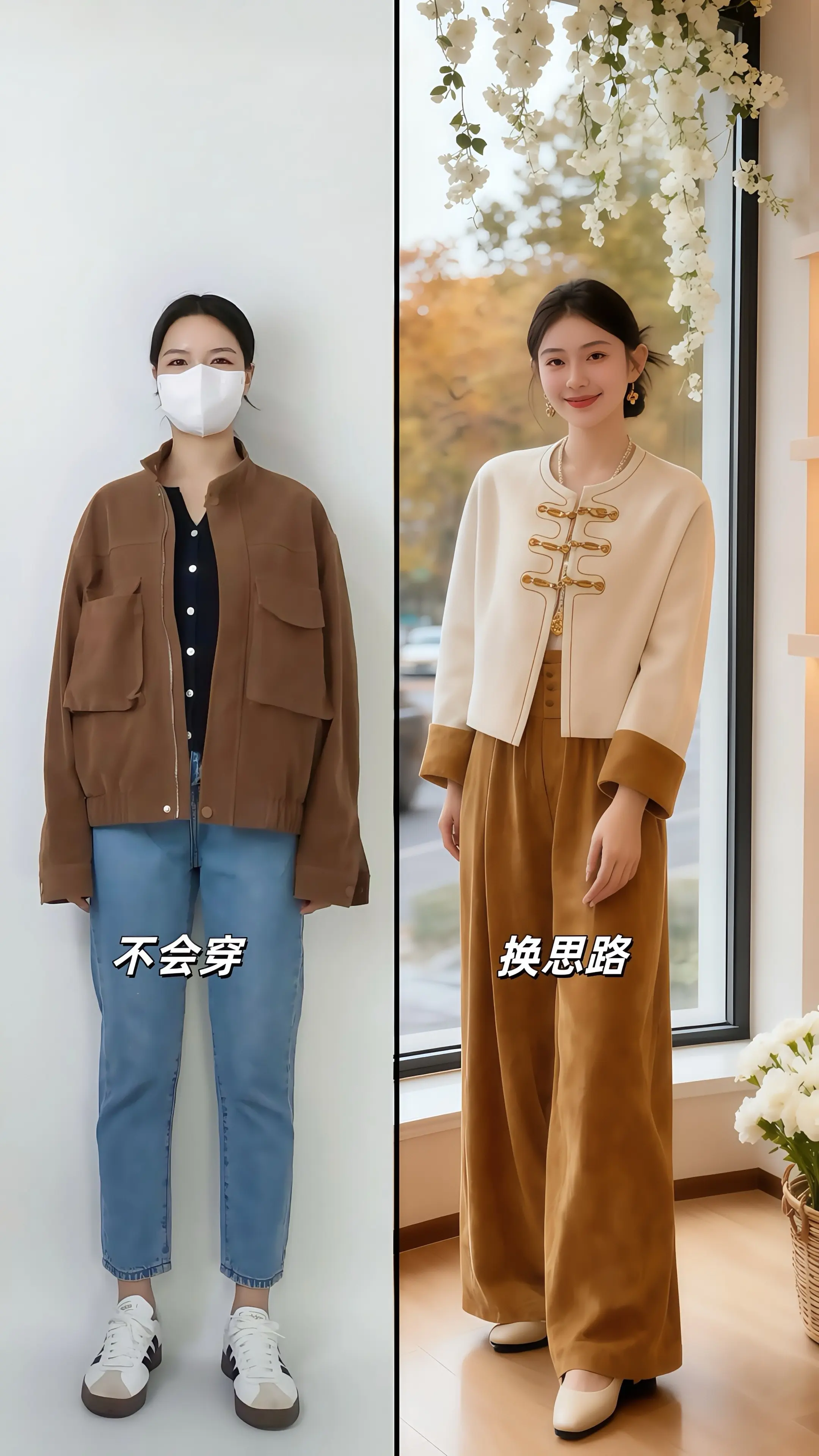 当新中式邂逅秋日温柔。她穿着新中式时尚两件套，米白短款外套上金扣如星子...