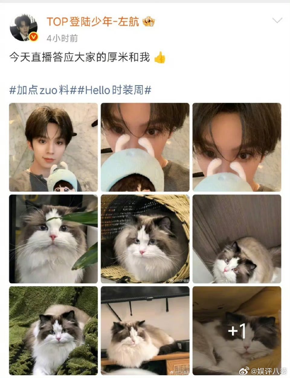 哇塞!左航米兰时装周归来立马兑现承诺，发了和爱猫“厚米”的合照😻。两个萌物同框