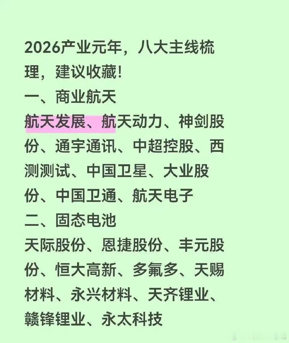 “2026产业元年，八大主线” 相关的行业和代表公司，旨在为投资或研究提供参考，