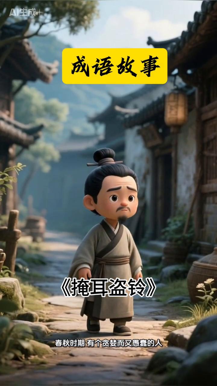 成语故事：《掩耳盗铃》。
春秋时期有个贪婪而又愚蠢的人，自己不愿劳动见到别人的财