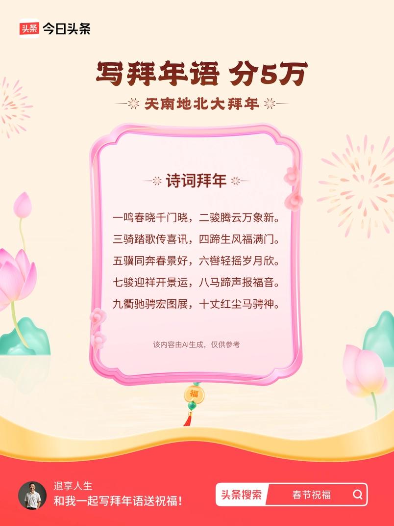 写拜年语送祝福新春拜年送祝福！我的祝福是：“一鸣春晓千门晓，二骏腾云万象新。三骑