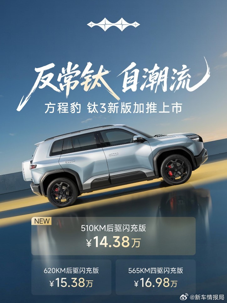 方程豹钛3新款上市 近日，方程豹钛3闪充版正式加推510KM后驱闪充版车型，售价