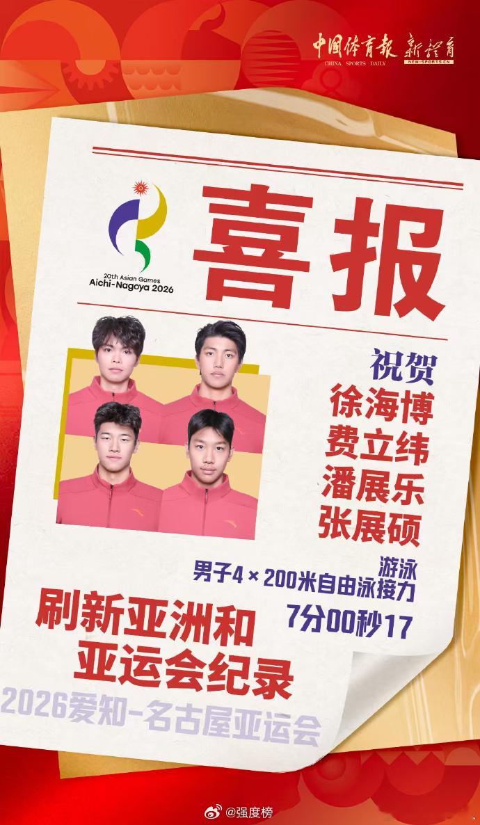 潘展乐张展硕接力逆转在刚刚结束的男子4×200米自由泳接力决赛中，由徐海博、费立