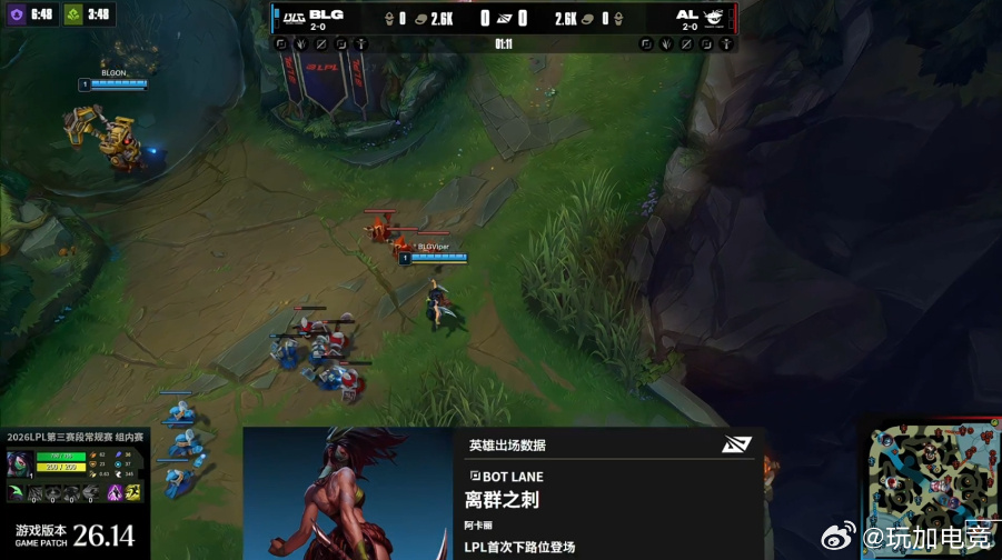 BLG对阵AL，Viper选出阿卡丽走下。英雄数据面板确认，此为离群之刺首次以B