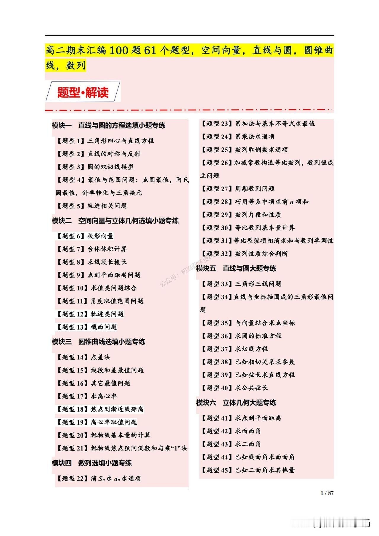 高二数学期末复习——100道题型汇编