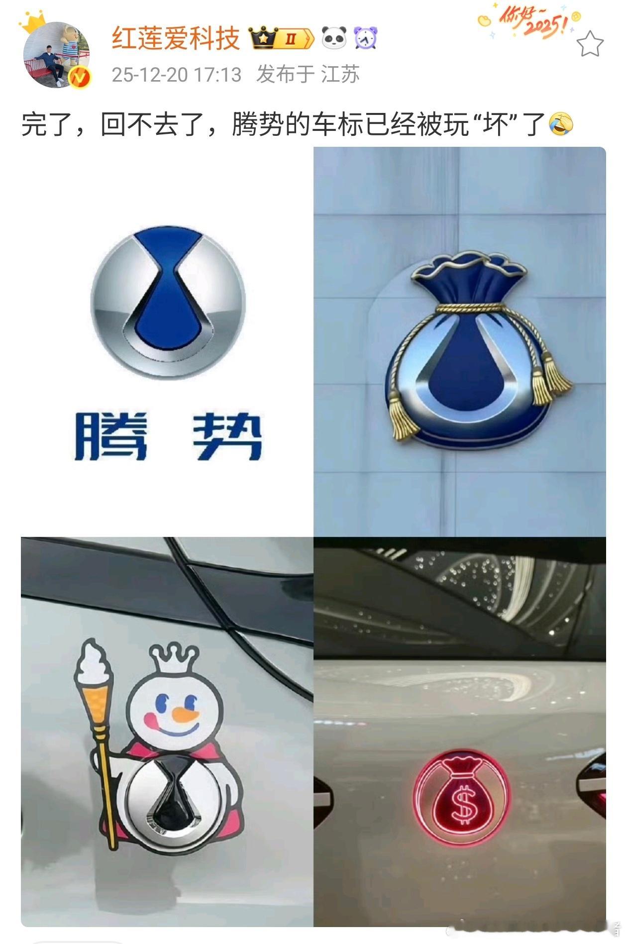 网友为腾势汽车的车标增加的一些个性化装饰，别说，还挺搭配的，哈哈。 