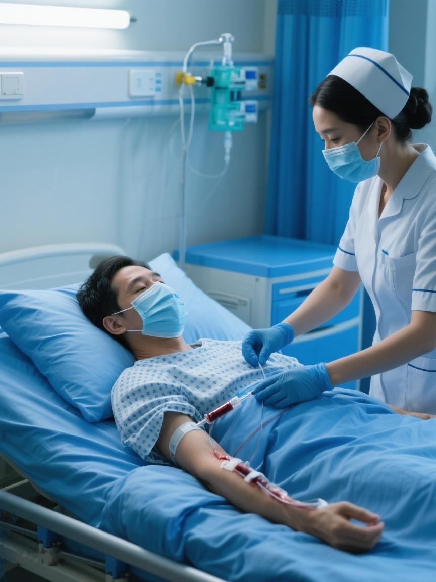 AI妙生图病房里，点滴流淌，血在输送，于病痛中窥见生命顽强与希望微光✨