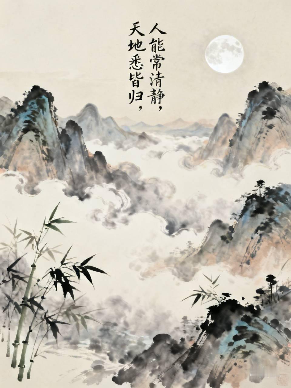 人能常清静，天地悉皆归。出自《清静经》。
人心若是长久保持清净安定，不被欲望杂念