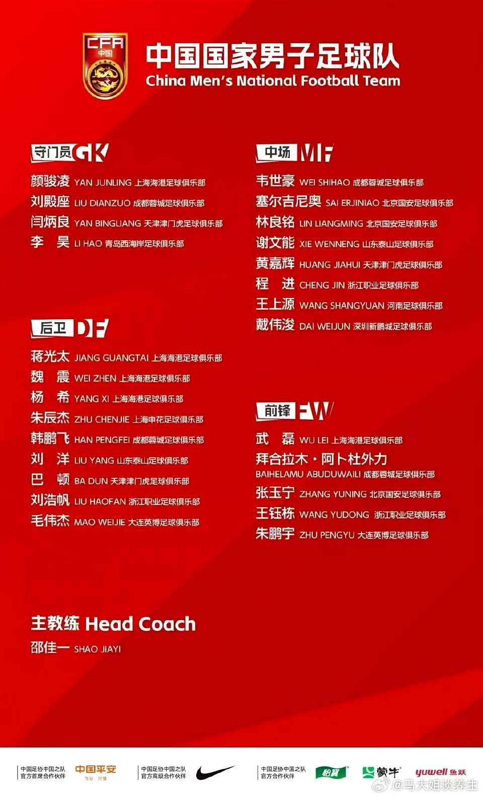 泰山队仅两人入选国足集训队5月28日晚，由邵佳一带领的中国国家足球队公布了6月集