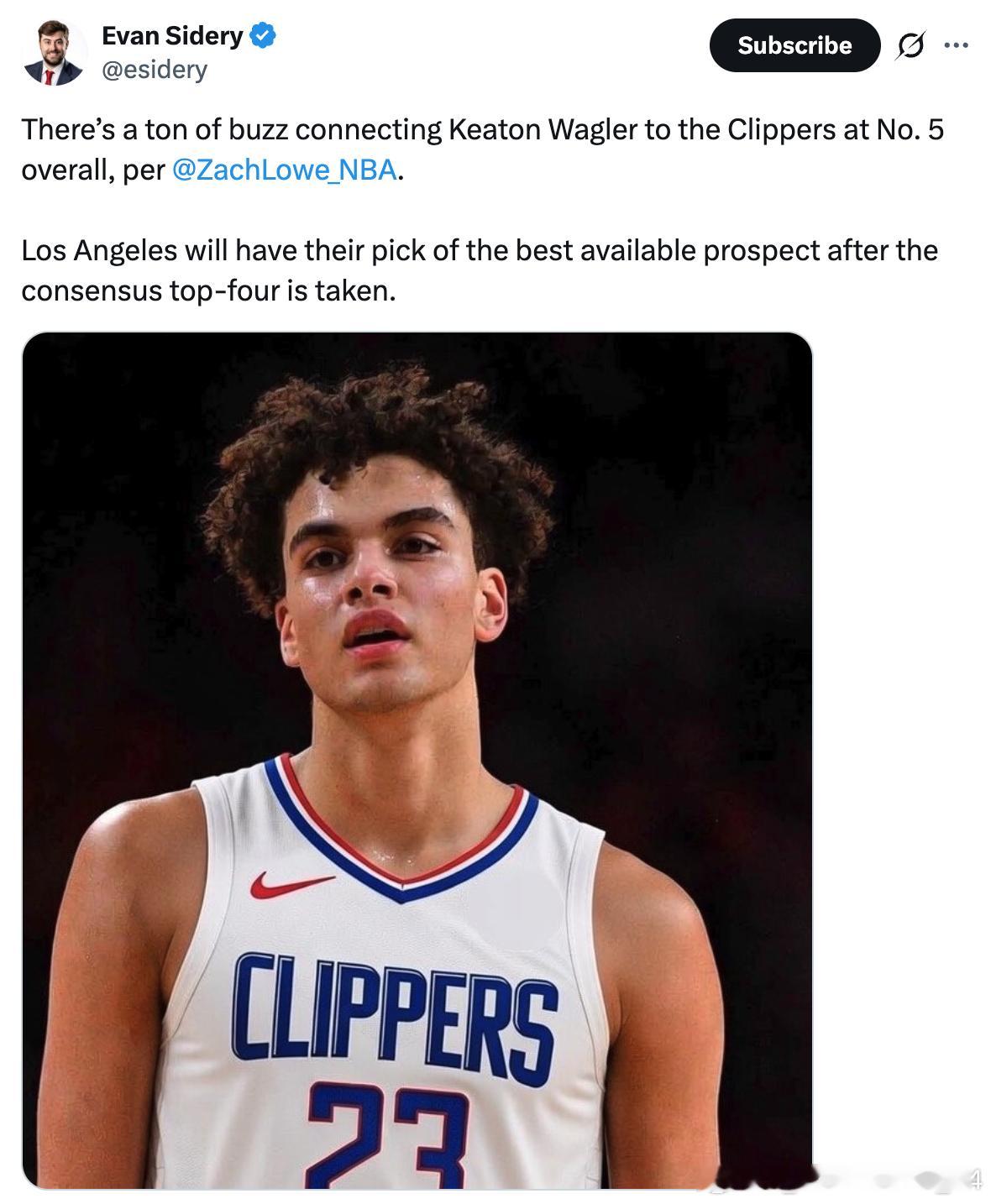据Zach Lowe报道，基顿·瓦格勒是快船的五号签上的热门人选NBA2026年
