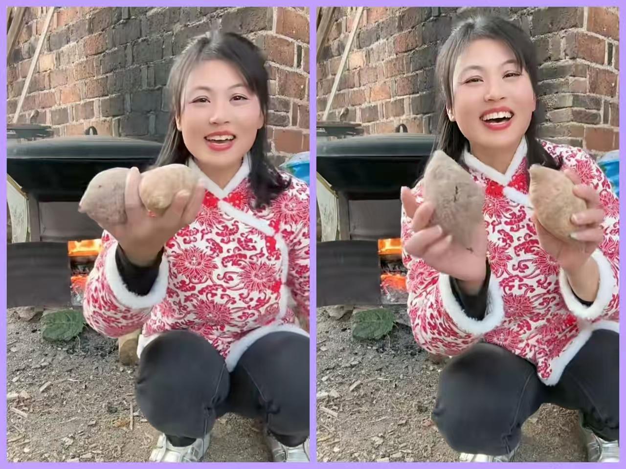 捣练子·烤地瓜
炉火旺，地瓜香，
柴灰埋熟味无双。
食材堆就如山满，
只管随心到