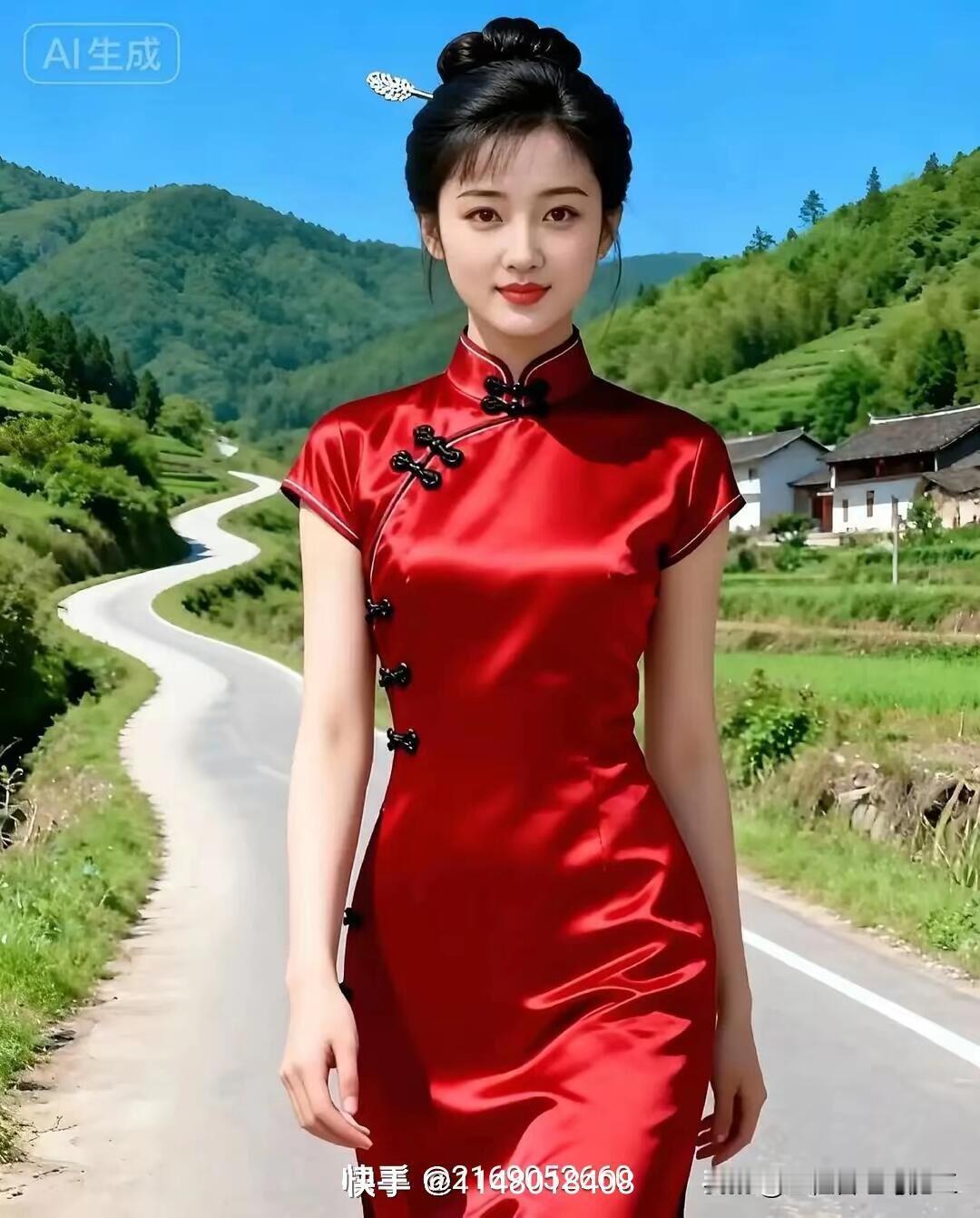 红衣美人漫步乡间小路，尽显古典韵味。