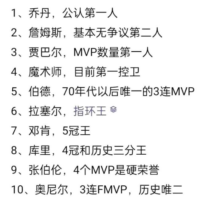 2026年了，NBA历史前十应该还是这个。

乔丹第一人位置不变。

詹姆斯第二