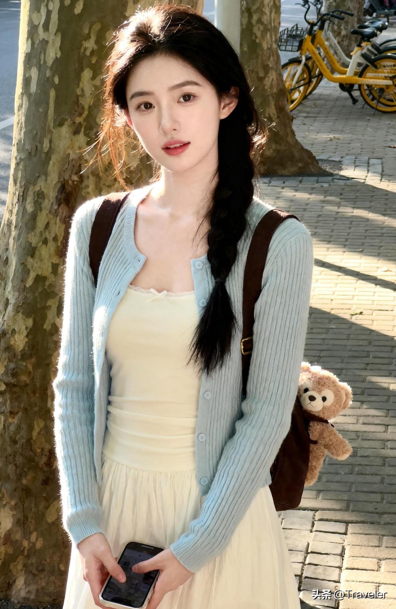 阳光下的少女，背着小熊背包，漫步在树荫下。