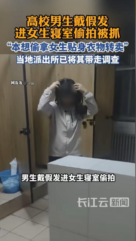 “流氓！”4月23日晚，河北保定，某高校内一男生戴着假发，混进女生宿舍，在卫生间