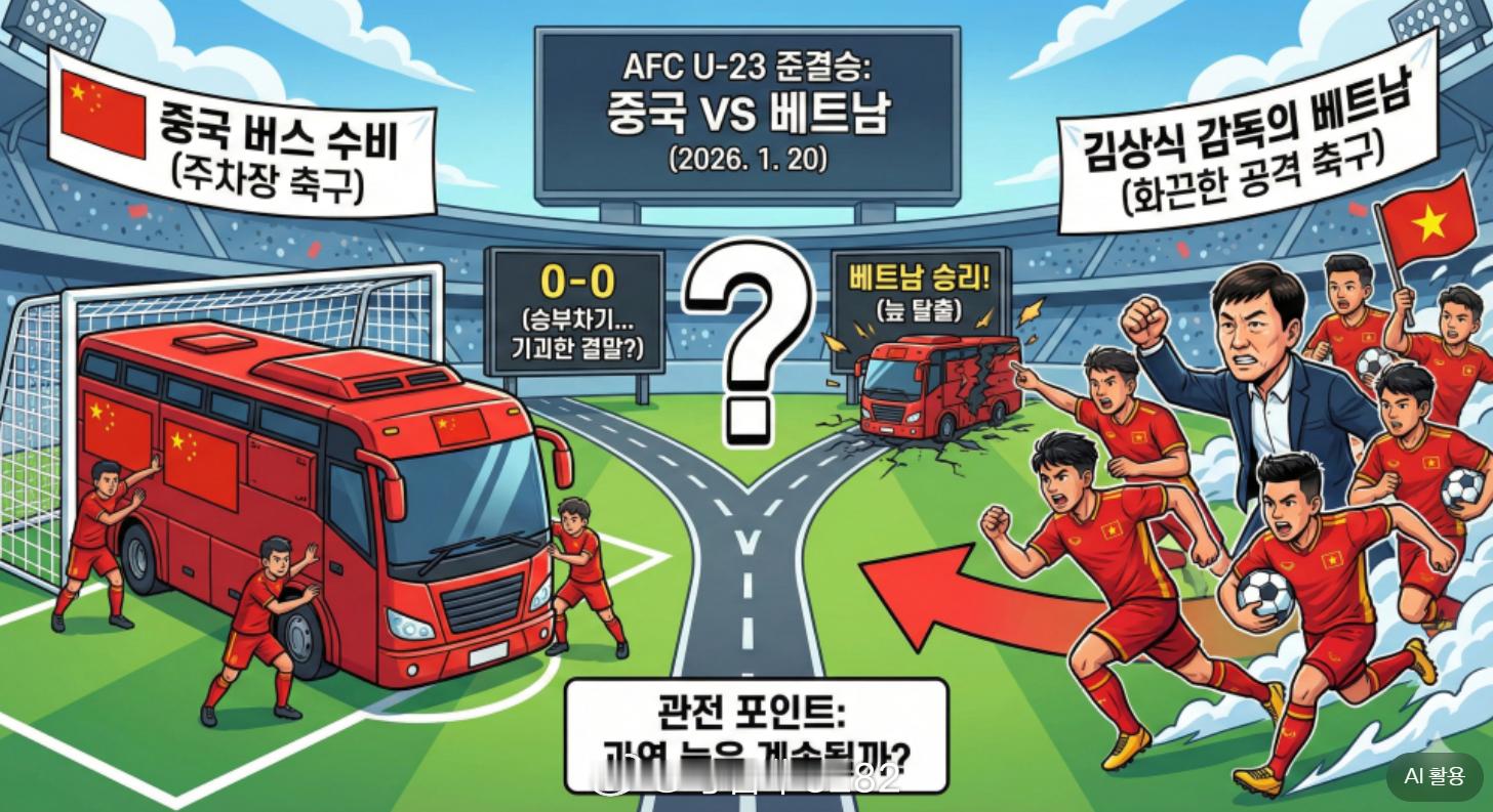 韩国某自媒体用AI做的图。图1说咱们做好了摆大巴的准备，右边是韩国籍主帅金相植。