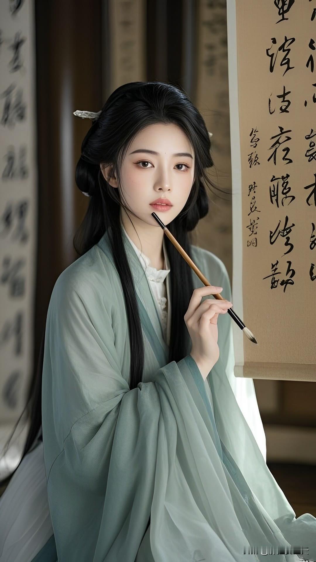 长发及腰随风轻摆，宛若仙子步凌霄。