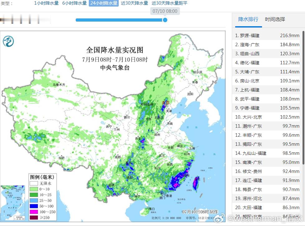 【强降雨——丹娜丝残涡影响继续】昨天到今晨，我国的降水主要还是有两块，一个是西南