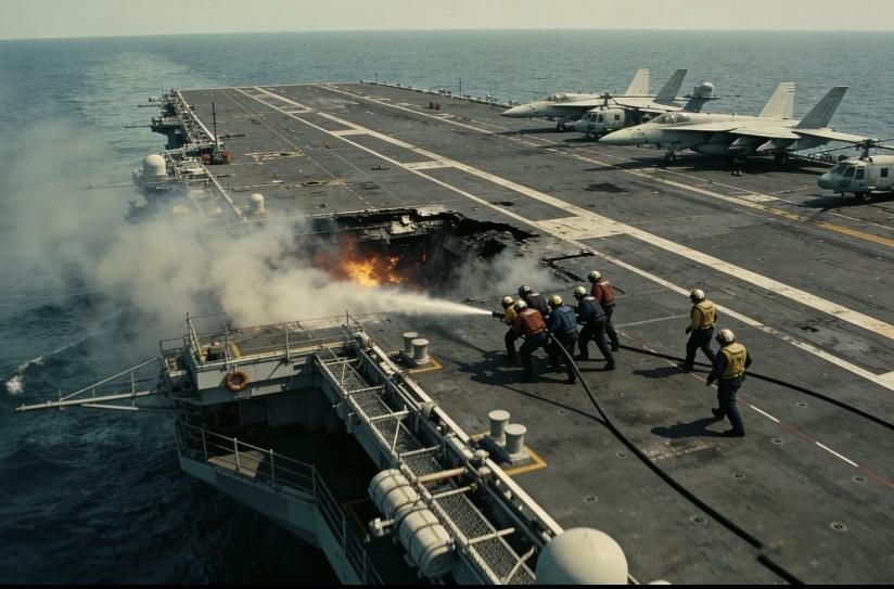 钢铁甲板突发火情，烈焰与浓烟中，应急小队逆险而上，高压水龙直扑险点。每一次协同冲