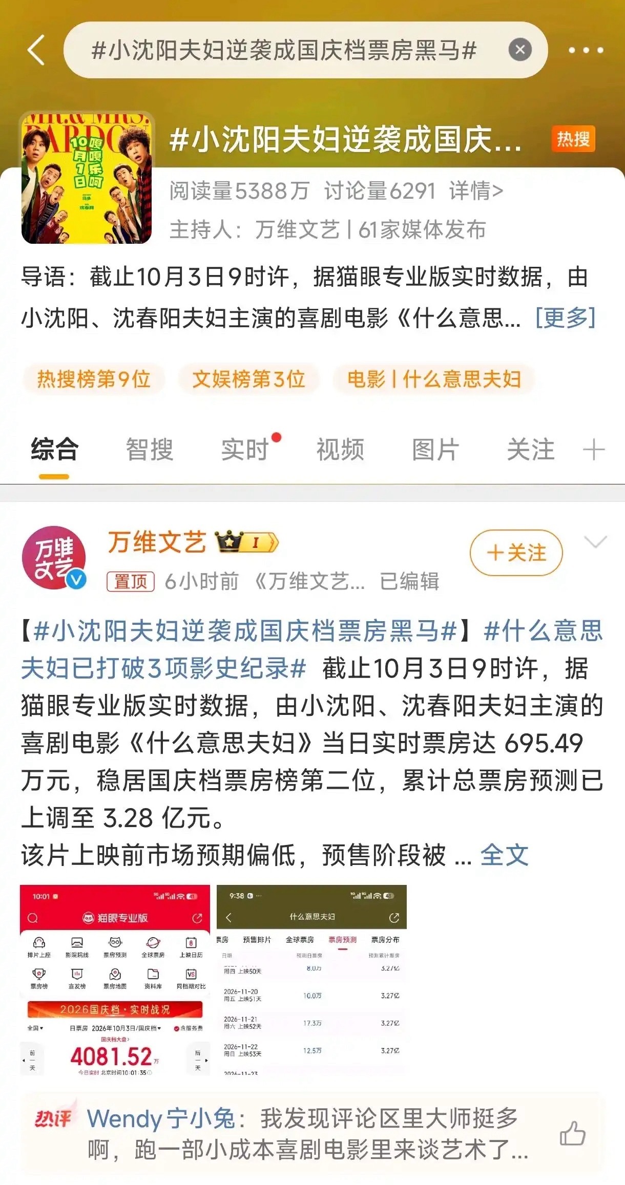 以前电影票房破亿跟喝水一样，现在小沈阳的《什么意思夫妇》就3亿多点就成黑马， 我