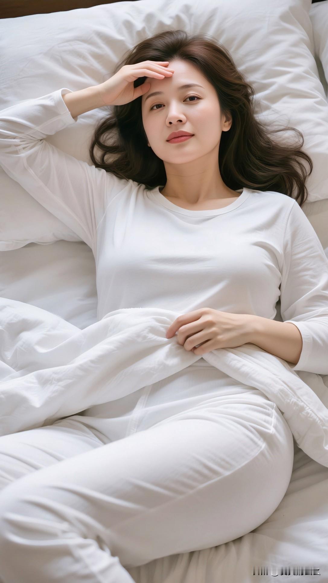 慵懒的午后，舒适的白色睡衣，温柔的阳光洒在身上，享受宁静的时光。