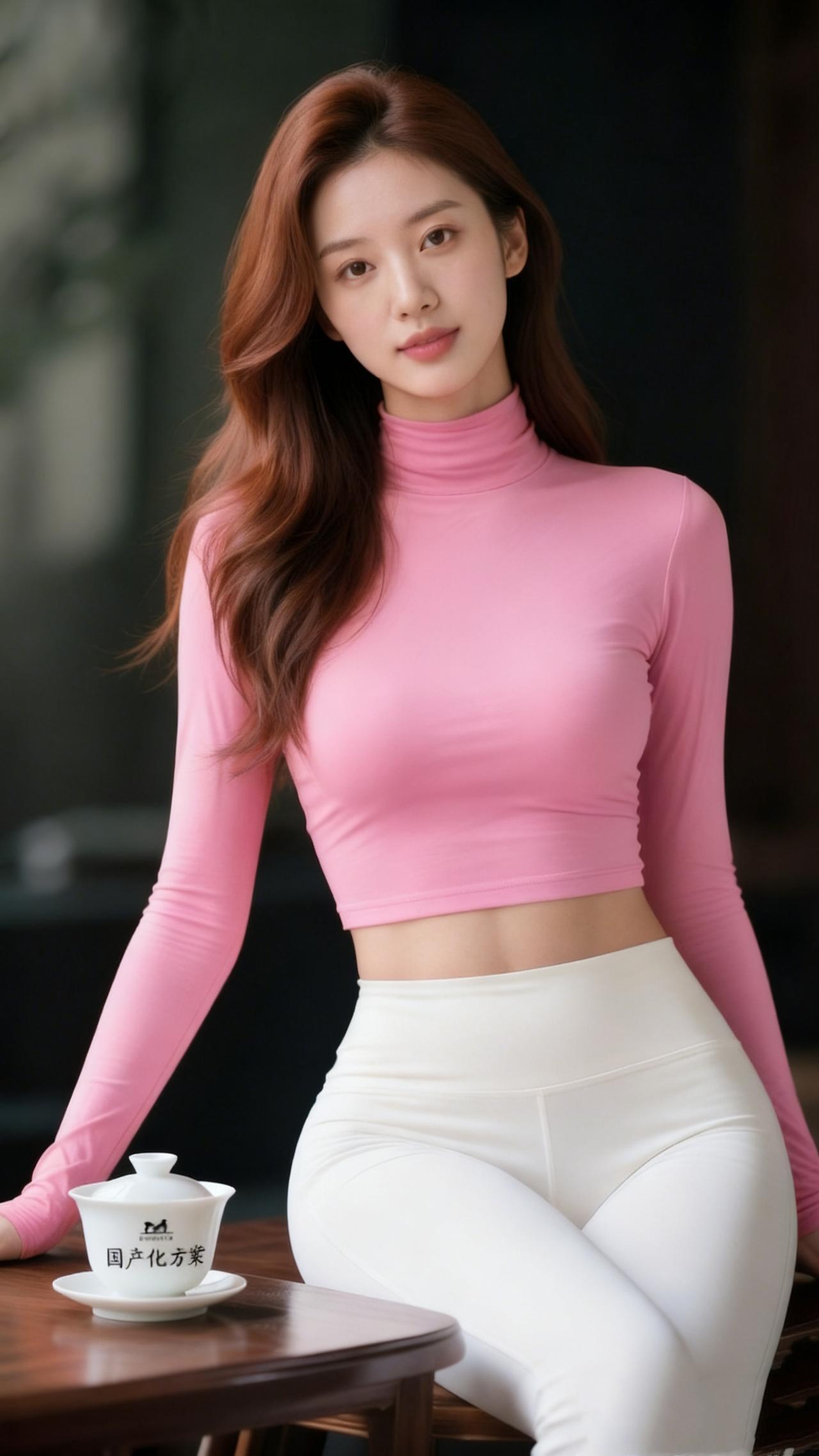 粉白绘温柔
 
暖调的粉撞着纯净的白，她静坐于木桌旁，自成一幅温柔的画。粉色高领