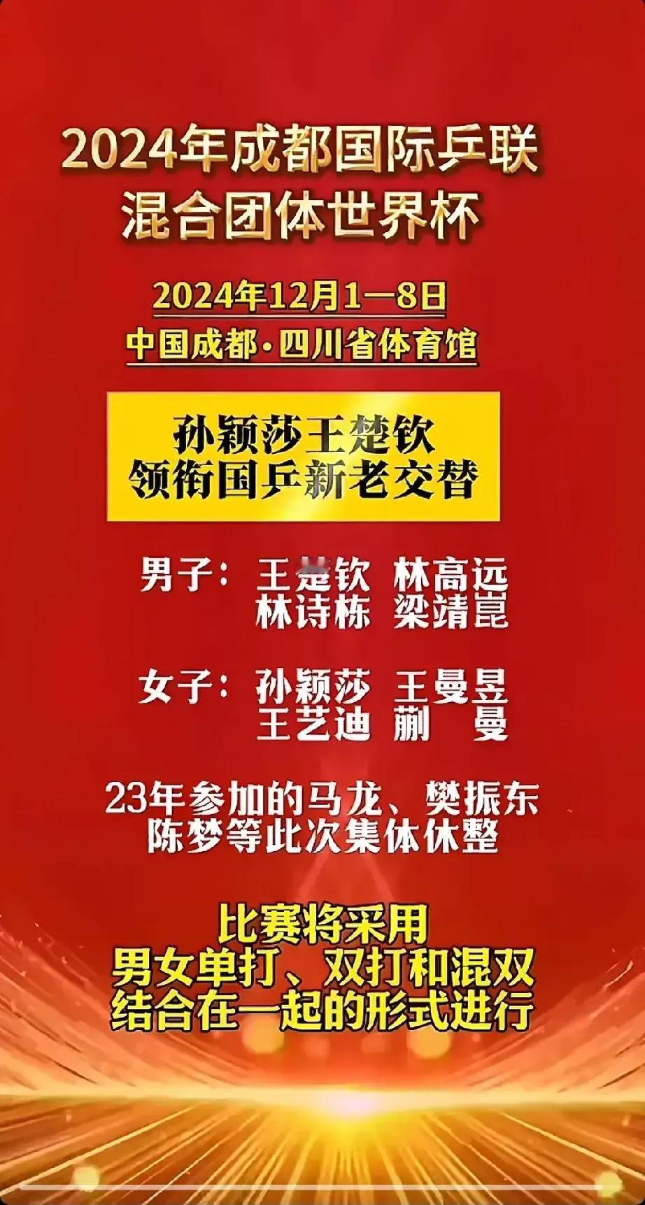 2024年，成都国际乓联混合团体赛，马龙，樊振东，陈梦继续缺席，看来以后想看三人