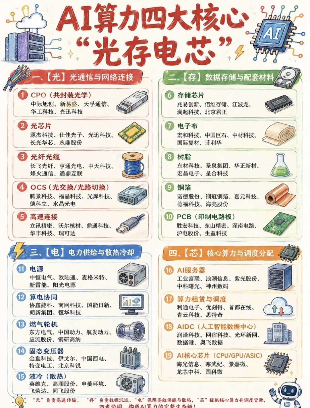 AI算力四大核心：光、存、电、芯完整解析
 
这套体系合称「光存电芯」，四大板块