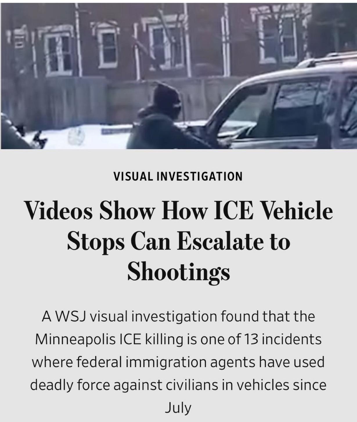 《华尔街日报》统计已确认，自 7 月以来，美国ICE特工向民用车辆开枪或向平民车