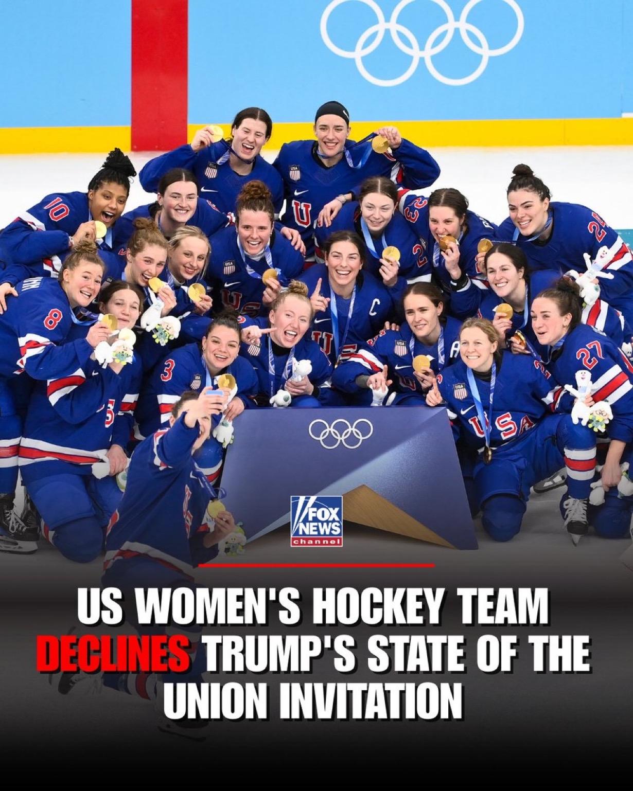 婉拒

获得金牌的美国女子冰球队拒绝了白宫邀请她们出席国情咨文演讲的邀请，理由是