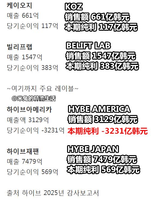 2025年HYBE厂牌销售额&本期纯利 
