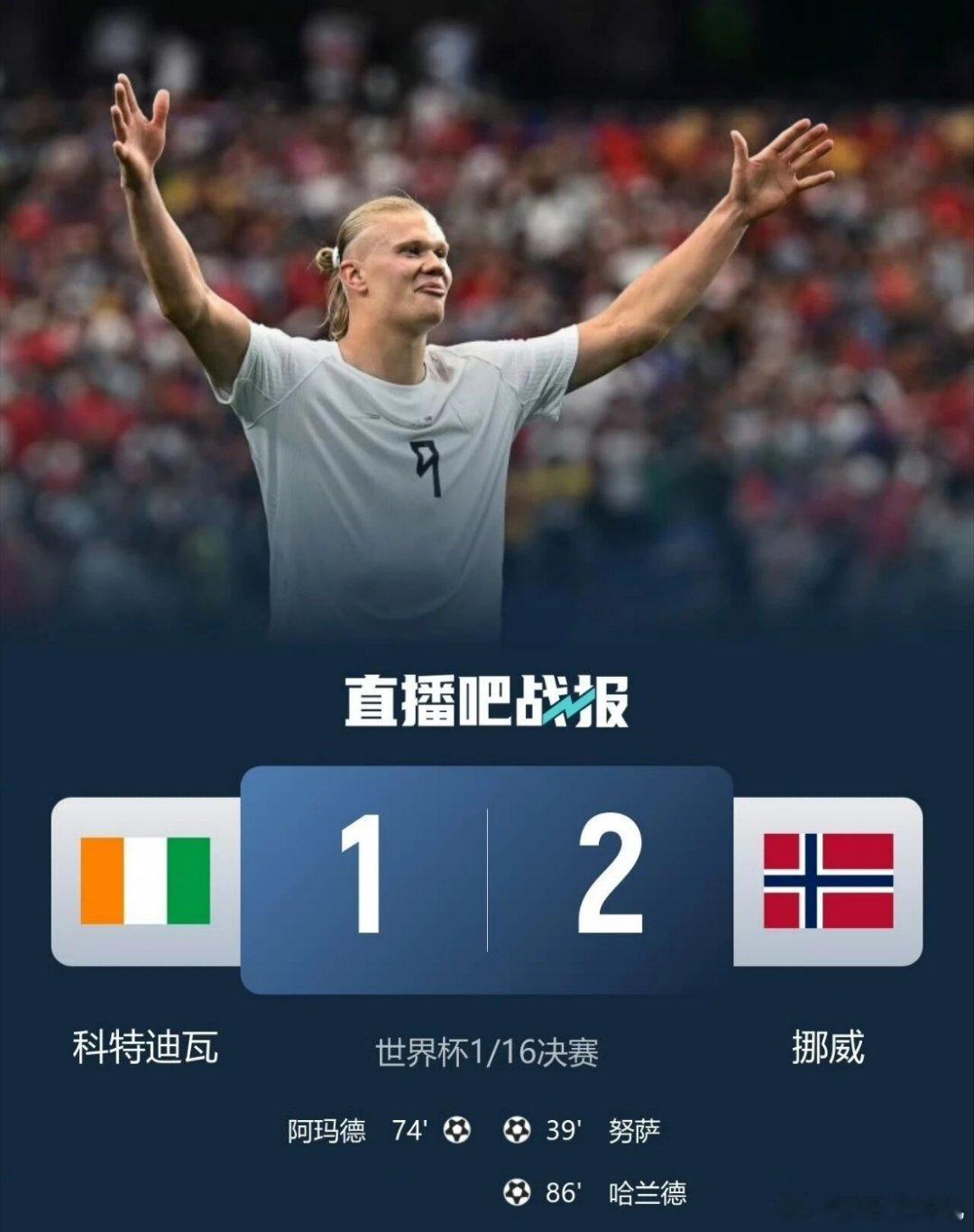 哈兰德绝杀破门世界杯科特迪瓦1比2挪威 时隔28年再次闯入16强，哈兰德最后时刻
