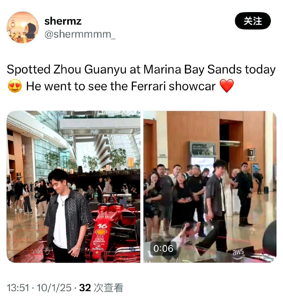 做法拉利的吉祥物，一样不靠谱……
发布快拍ins，宣传法拉利。
周冠宇身穿私服现