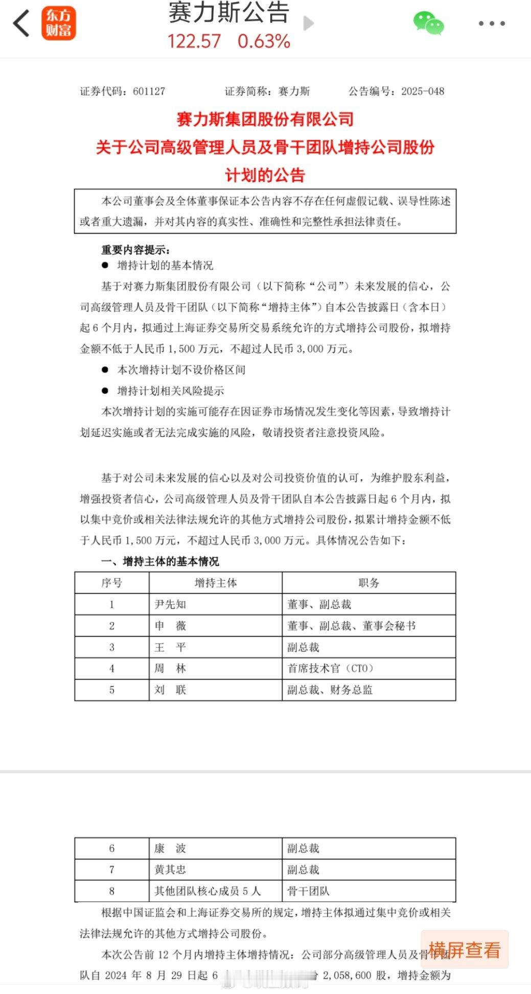 赛力斯公告高管及骨干团队拟增持公司股份，增持区间1500万元-3000万元。看了