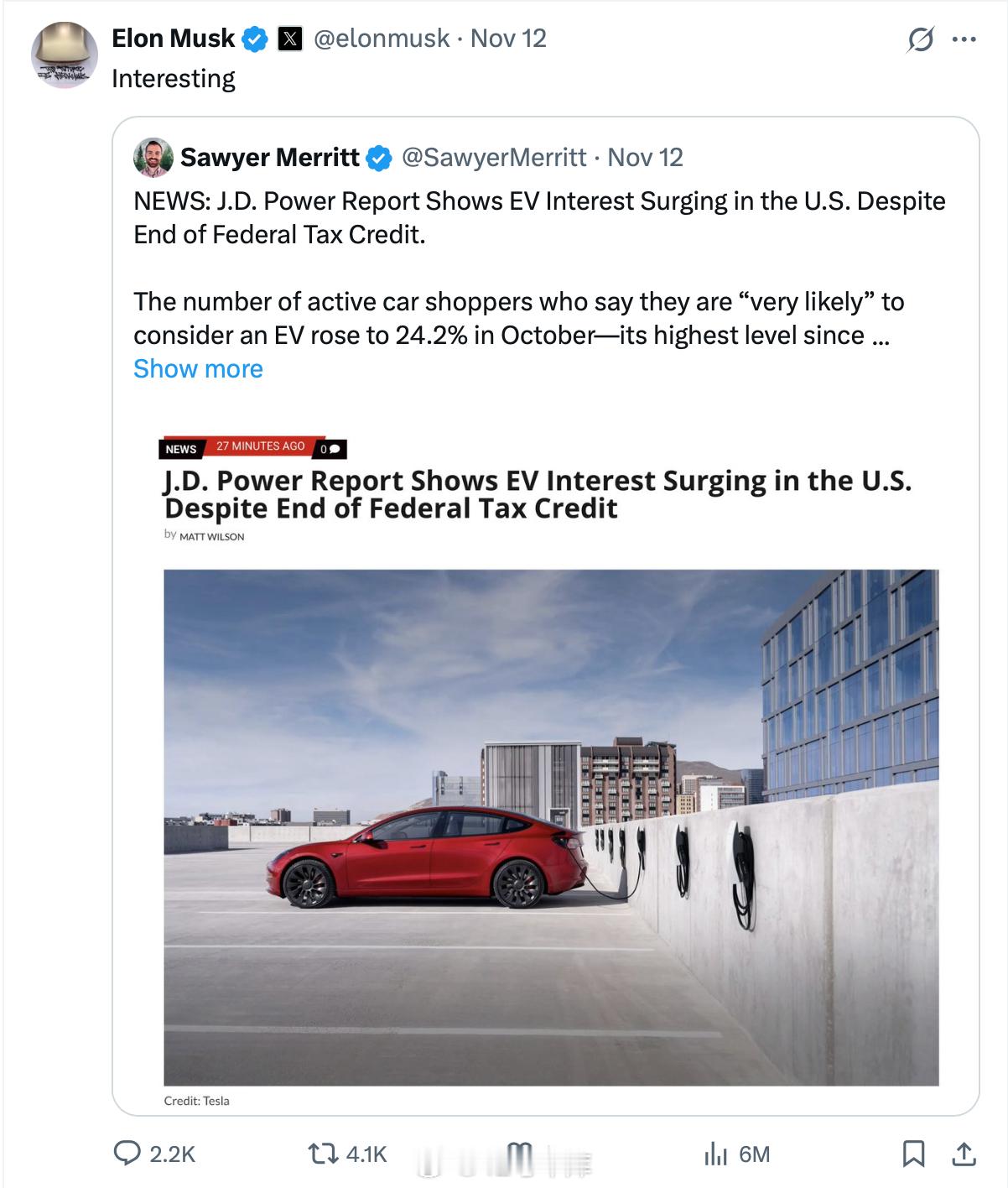 J.D.Power 的报告显示，在联邦电动车购车税收优惠结束后，美国消费者对电动