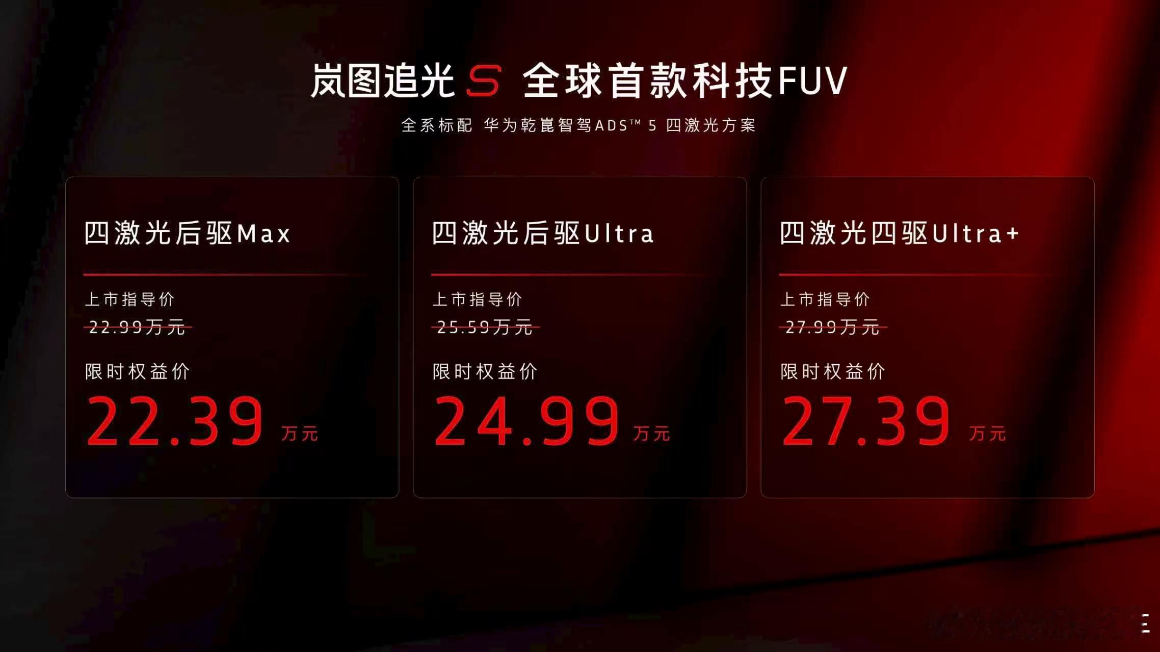岚图追光S四激光后驱Max版权益后售价：22.39万元四激光后驱Ultra版权益