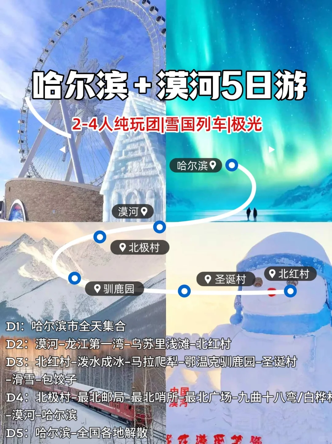 哈尔滨+漠河5日纯玩路线🚗雪国列车+极光