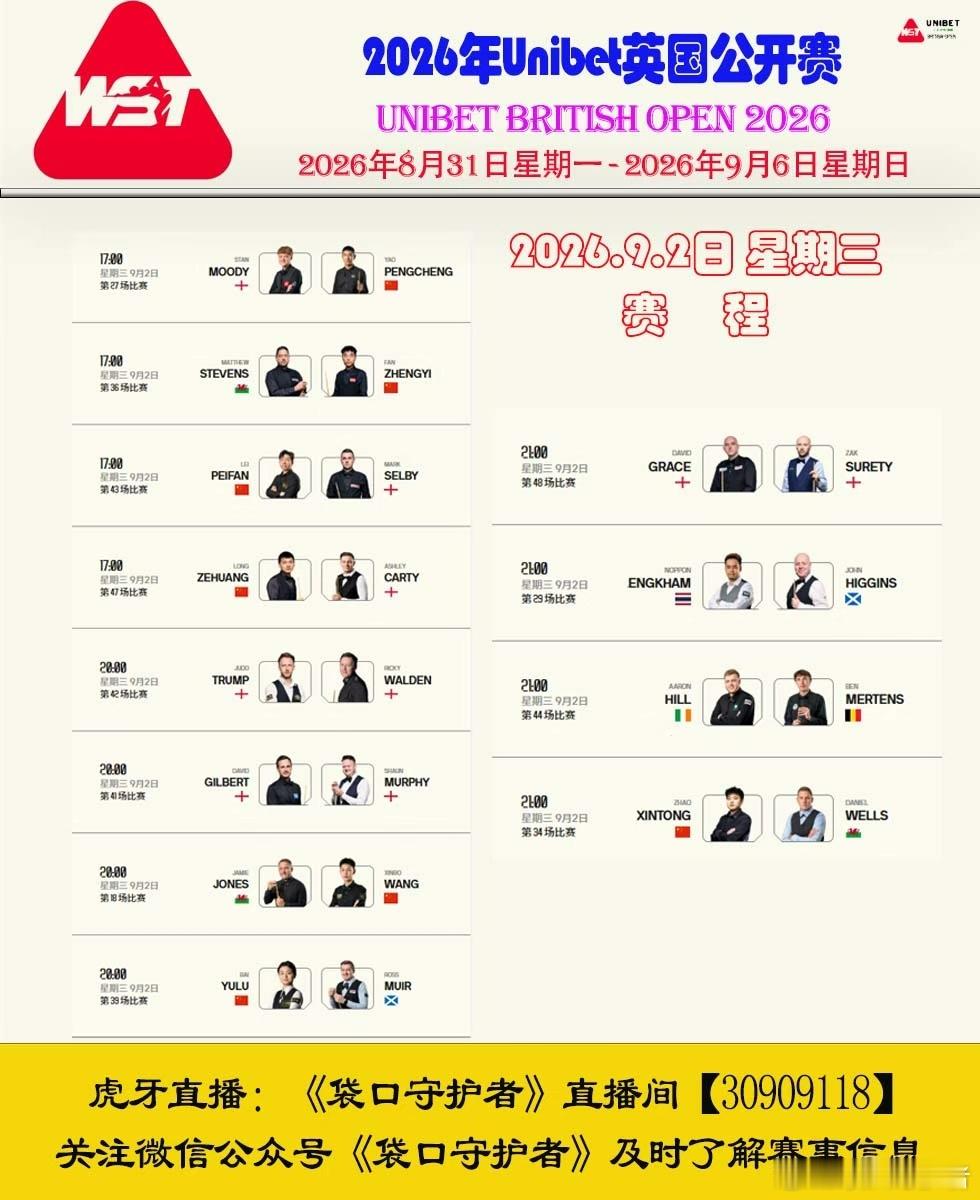 世界斯诺克巡回赛(WST)2026/27赛季 2026英国公开赛：丁俊晖、张安达
