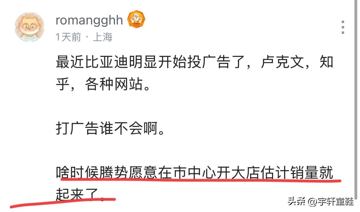 网友：“打广告谁不会啊，啥时候腾势愿意在市中心开大店，估计销量就要起来了！”
腾