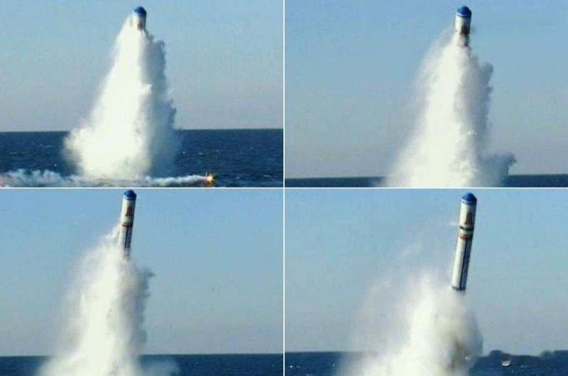 今天海军在渤海湾向太平洋某公海发射了一枚潜射战略导弹（只携带操练弹头），命中“预