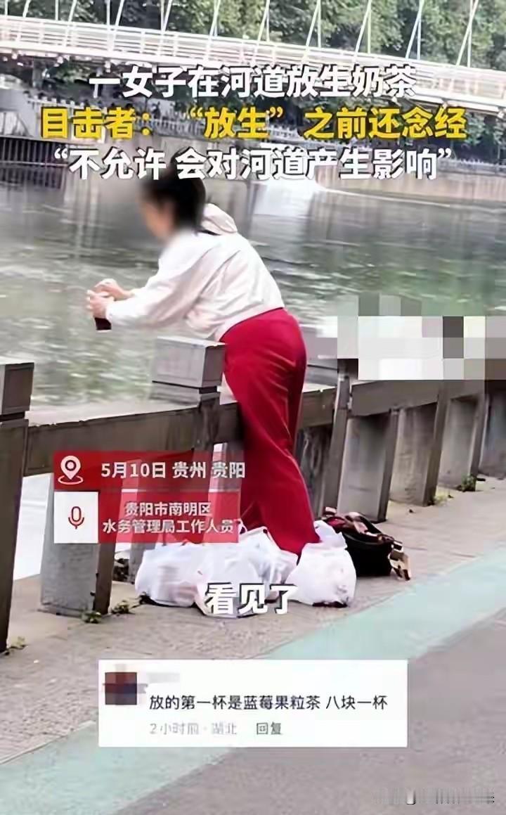 见过放生鱼，见过放生乌龟，你见过放生奶茶的么？

5月10日，贵州贵阳。南明河畔