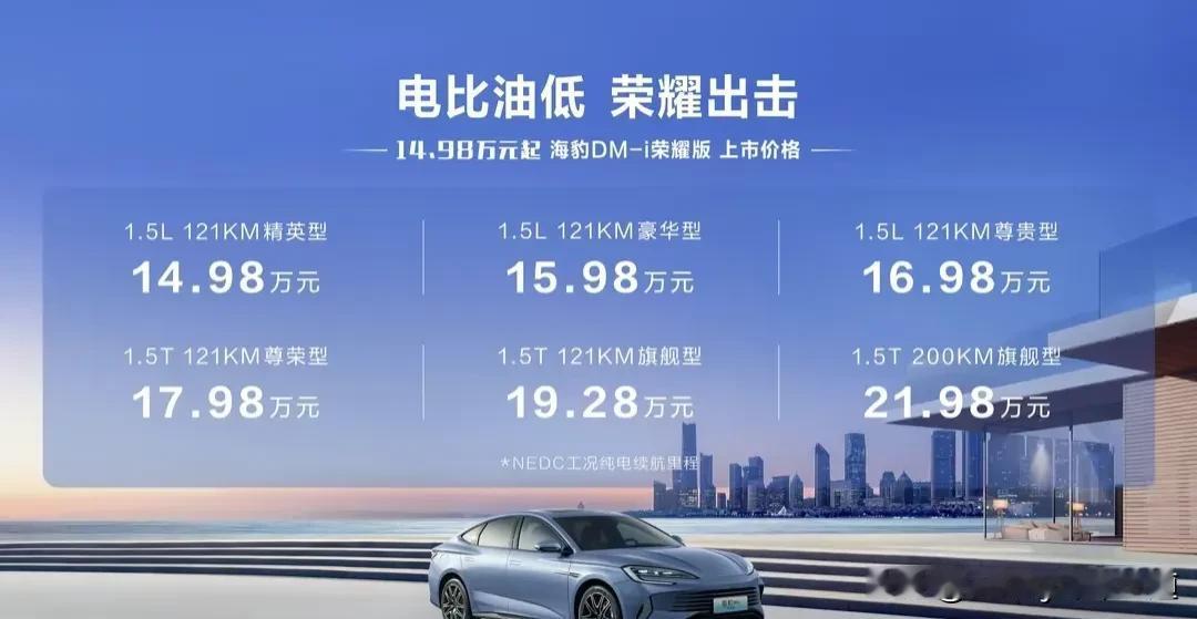 秦P、驱逐舰05、唐汉、宋P、海豹已经全部推出荣耀版！油比电低已基本完成，接下来