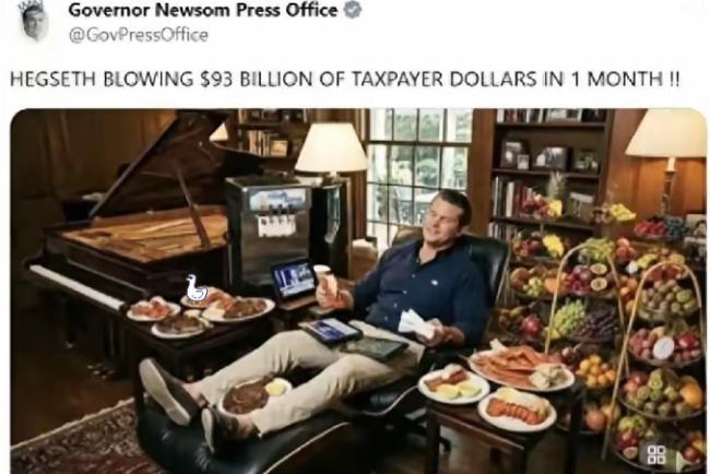 加州州长纽森直接在社交媒体放了张图，画面里国防部长赫格塞思躺在躺椅上，身边全是龙