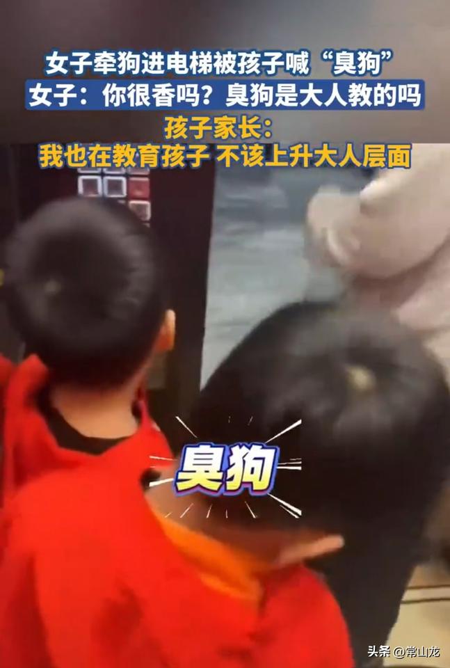 女子牵着狗狗走进电梯，电梯内的两个小朋友看到狗狗，嫌弃地往旁边让了让，并小声说了